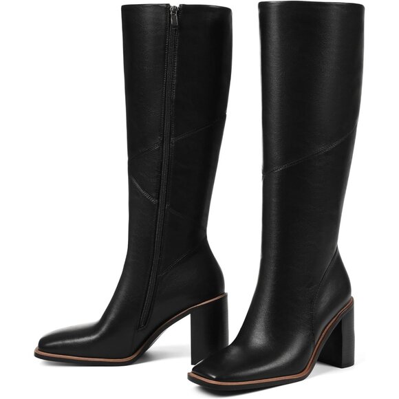 Women’s Polyurethane Black Waterproof Square Toe Chunky Block Heel Leather Boot - Picture 1 of 9